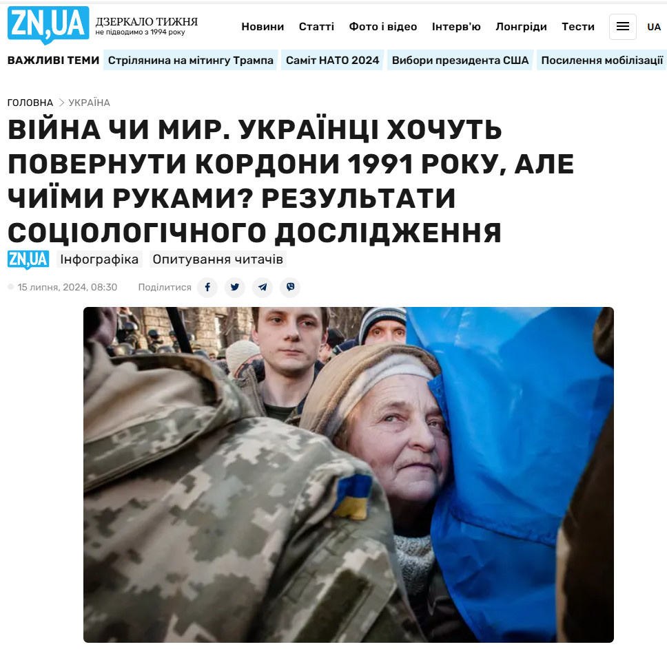    ВОЙНА ИЛИ МИР. УКРАИНЦЫ ХОТЯТ ВЕРНУТЬ ГРАНИЦЫ 1991 ГОДА, НО ЧЬИМИ РУКАМИ? РЕЗУЛЬТАТЫ СОЦИОЛОГИЧЕСКОГО ИССЛЕДОВАНИЯ. ФОТО: СКРИНШОТ СТРАНИЦЫ САЙТА ZN.UA