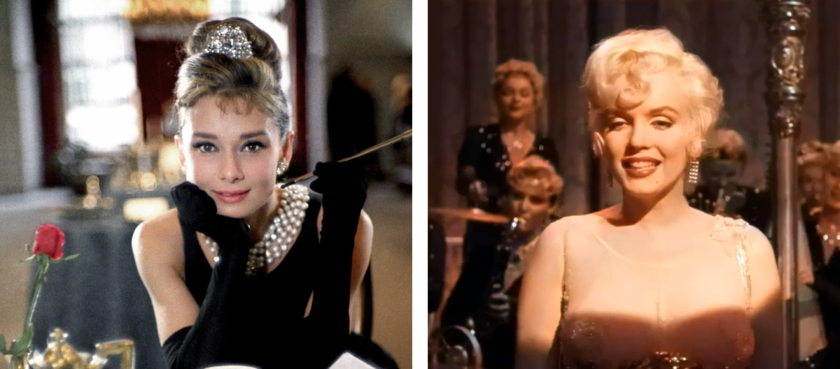 Одри Хепберн в «Завтрак у Тиффани» (1961) и Мэрилин Монро в «Джазе только девушки» (1959)