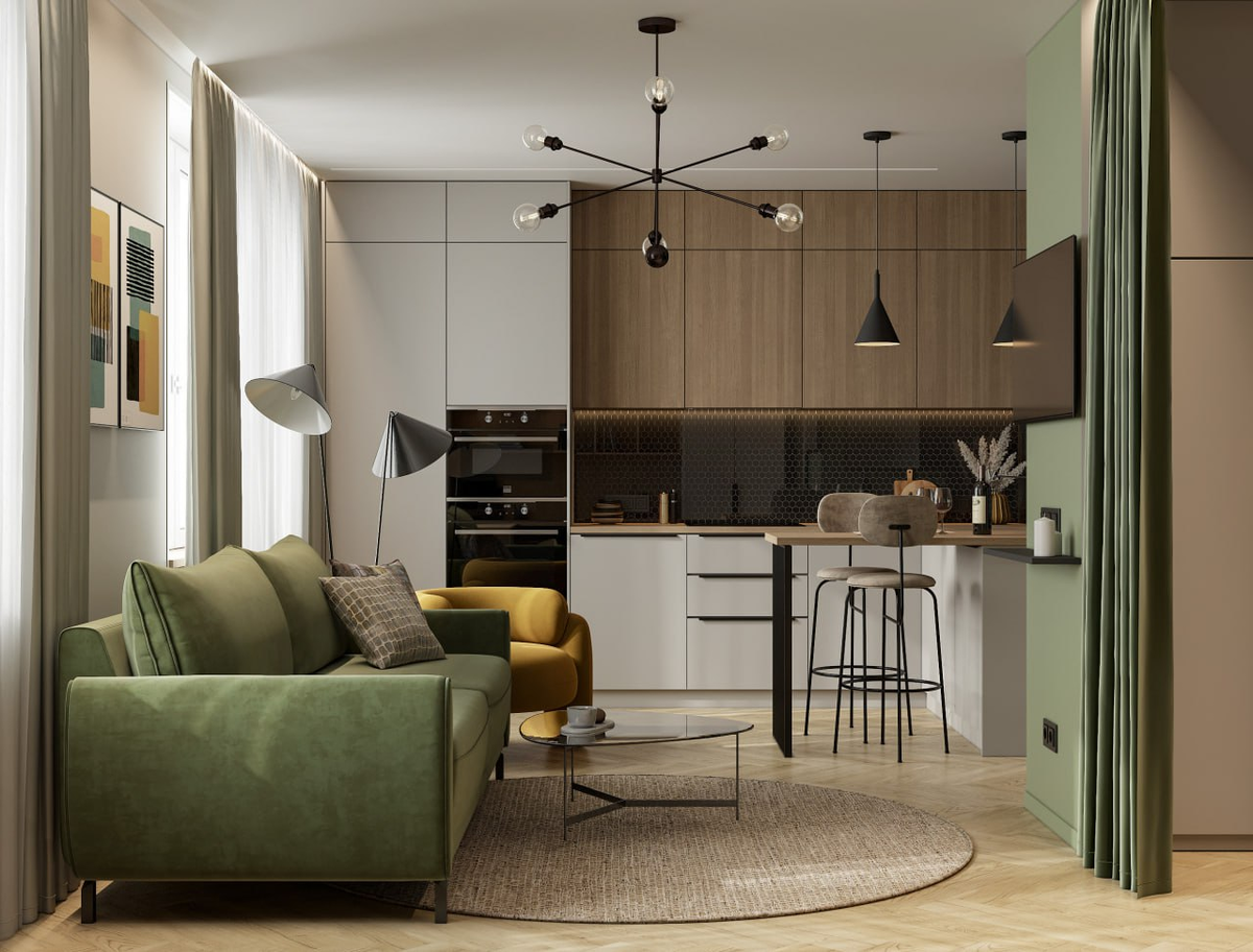 Кухня-гостиная, 1-комнатная квартира, 40 м². Дизайн и ремонт Domeo.