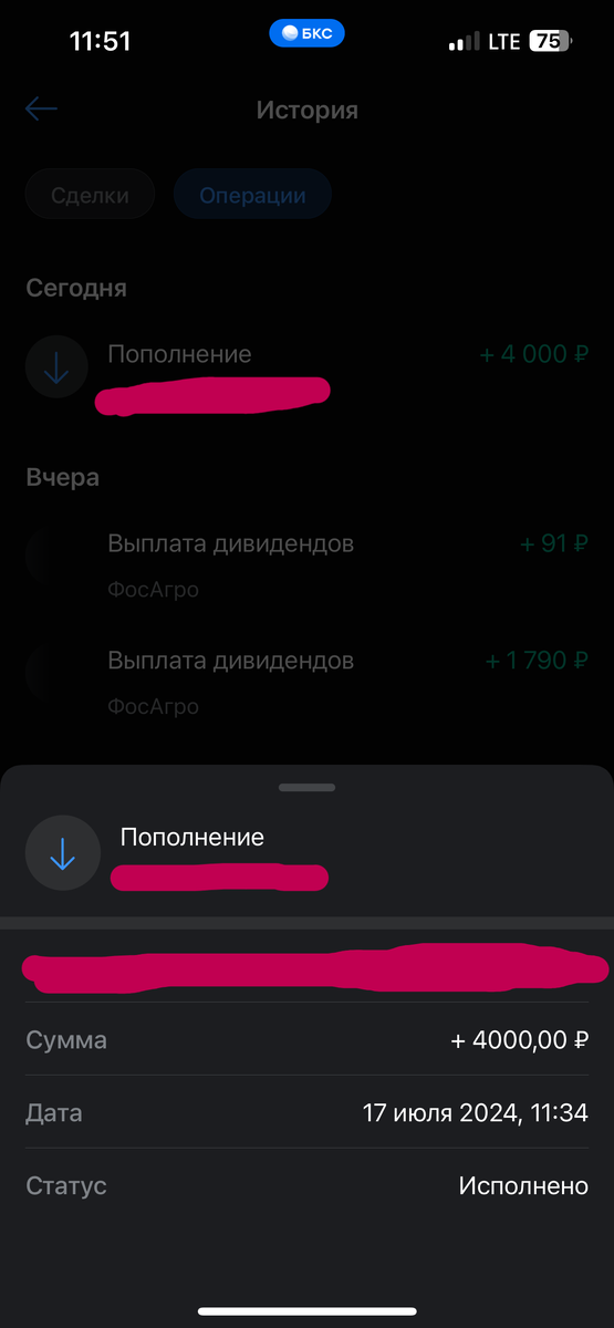 видны поступившие дивиденды и пополнение дополнительно своими.