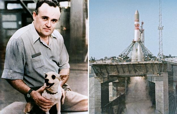 Первое фото - 1960 год. Сергей Павлович провожает Стрелку в Космос. Второе Ракета-носитель «Восток».