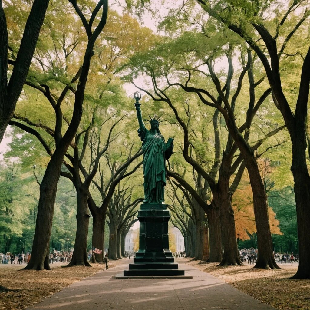 Величественные деревья раскинулись над статуей свободы в Нью Йорке!