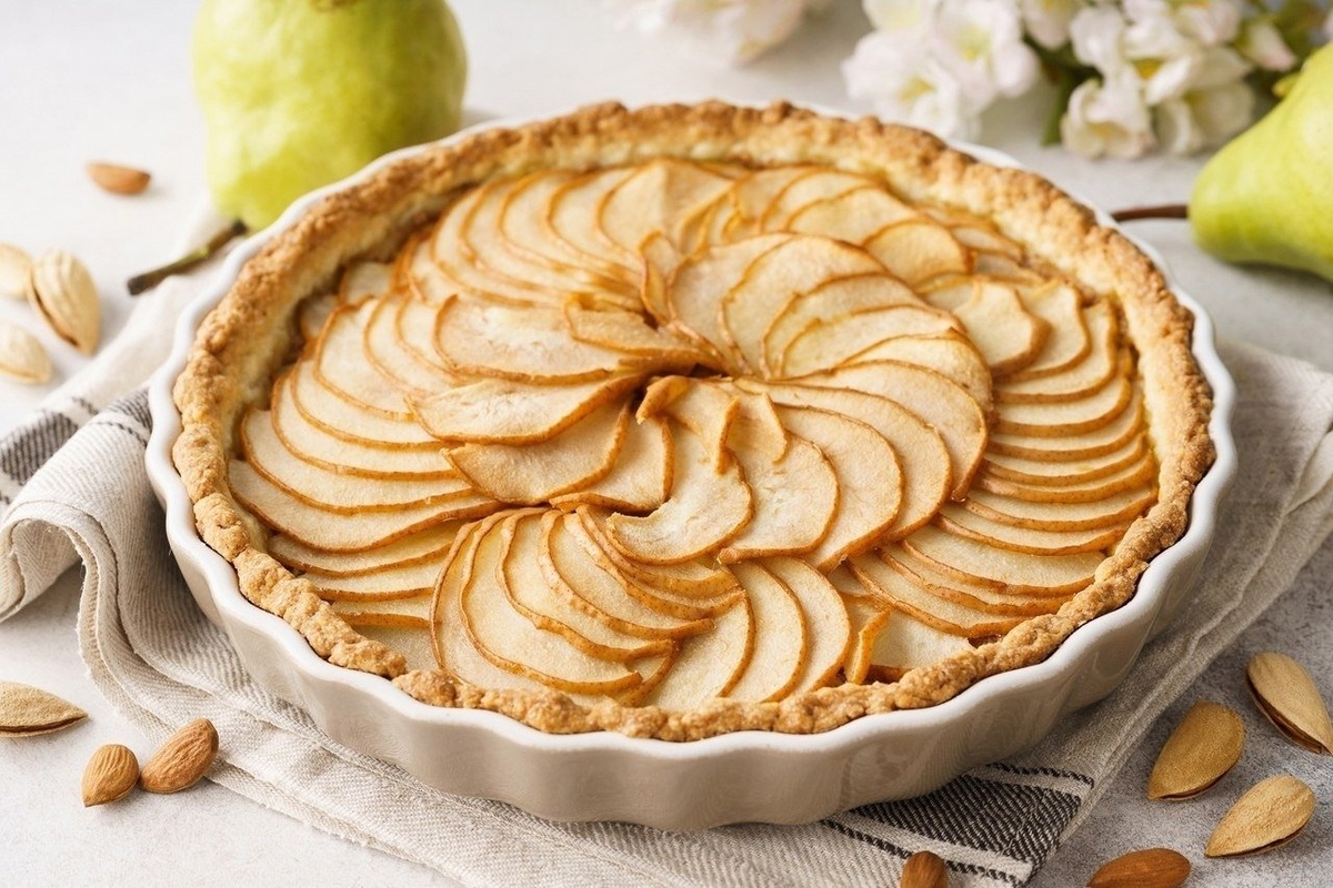 Миндальный пирог с грушей! Это истинное воплощение осенней романтики и уютного домашнего тепла. Представьте себе: нежная, рассыпчатая основа, щедро усыпанная золотистыми миндальными лепестками, а сверху - сочные, спелые груши, словно драгоценные рубины, вкрапленные в этот кулинарный шедевр.