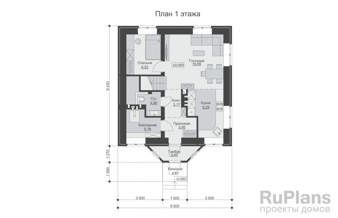 Тамбур - 3,42 м2 Прихожая - 3,95 м2 Кухня - 9,25 м2 Гостиная - 19,65 м2 Спальня - 8,53 м2 С/у - 4,90 м2 Бойлерная - 5,18 м2 Холл - 3,17 м2