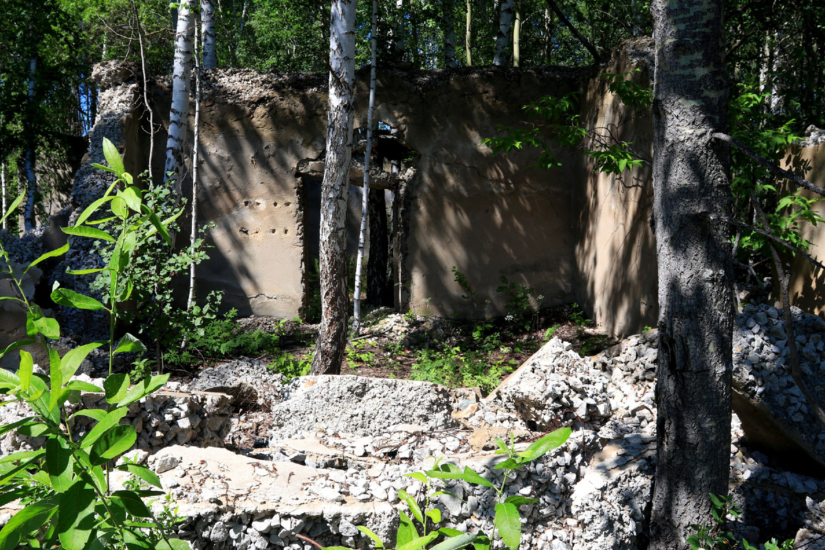 Одни из многочисленных руин на территории рабочего посёлка. Судя по толщине стен, это остатки какого-то производственного здания, относившегося к руднику