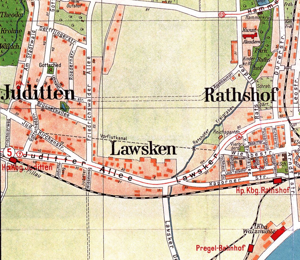 Район Лавскен между Ратсхофом и Юдиттеном на довоенной карте Кёнигсберга.