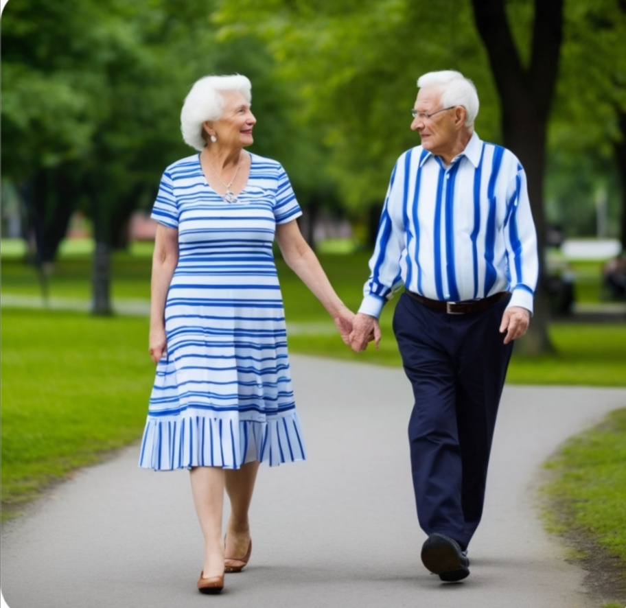 Сгенерировано нейросетью Шедеврум. Так и не смогла добиться того, чтобы полоски на женском платье были вертикальные, а на мужской рубашке - горизонтальные, поэтому с точностью наоборот🙈 Настоящее фото пары со спины я не успела сделать, так что будет как-то так! 