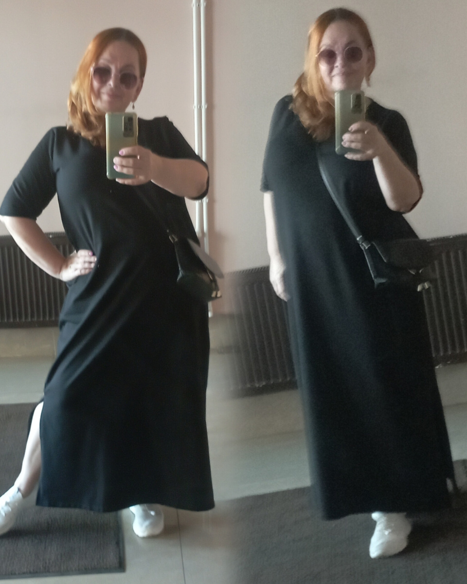 Платье вроде платья-футболки, только за счёт правильно скроенного плеча не сидит как мешок. 