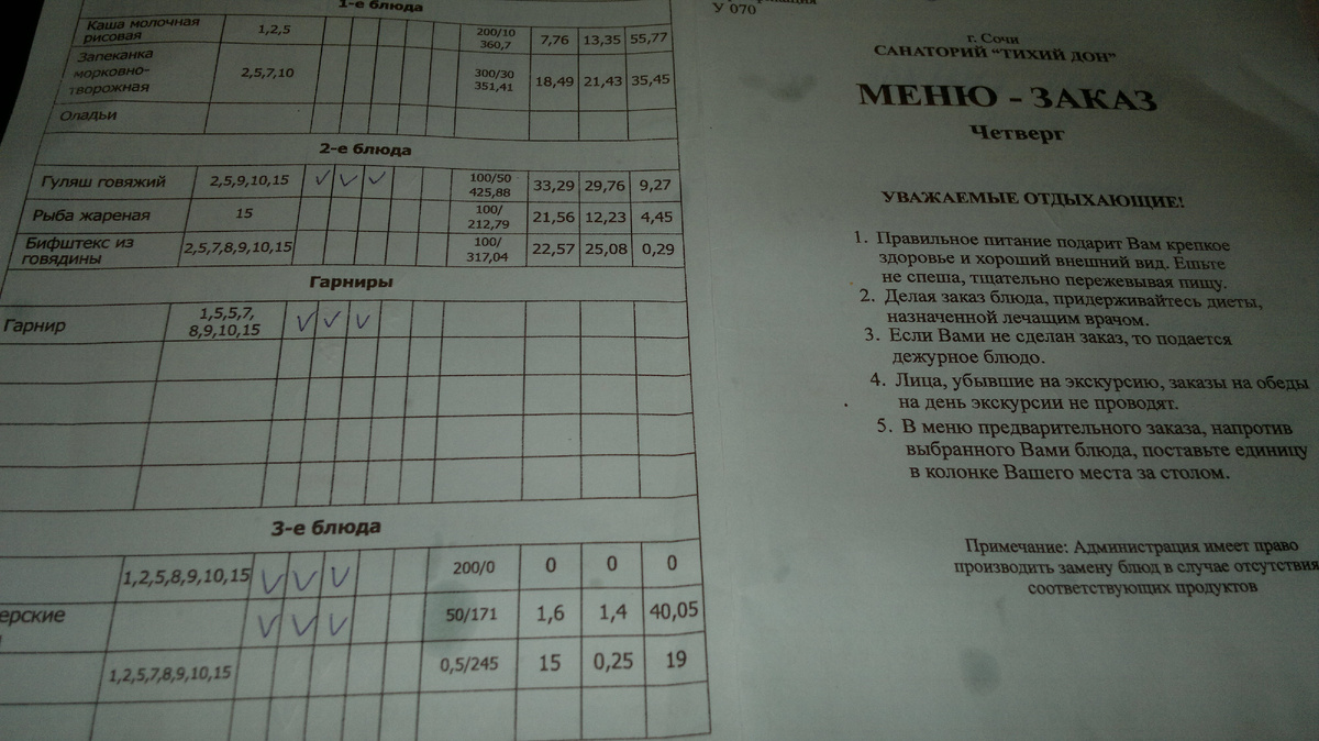 Вот такое меню мы заполняли каждое утро