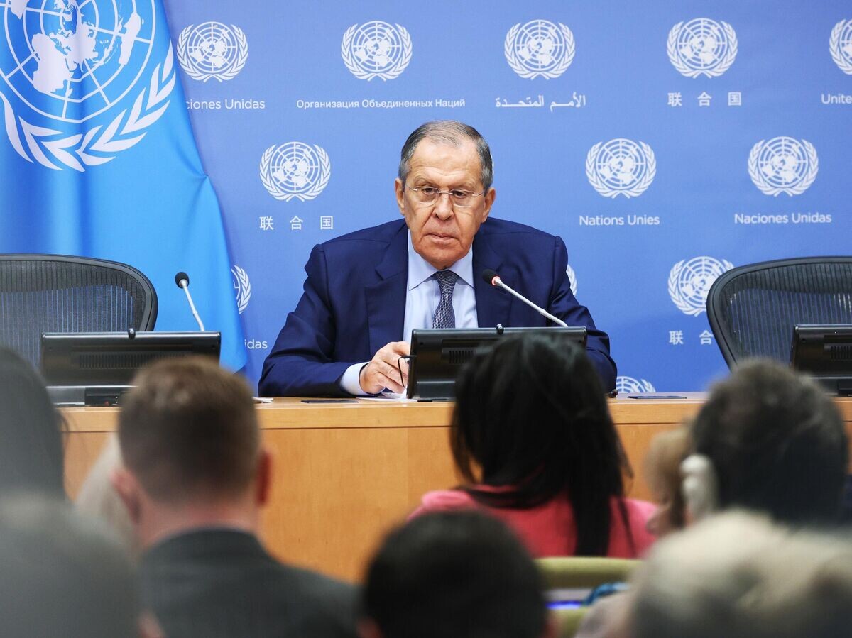    Министр иностранных дел России Сергей Лавров во время пресс-конференции в штаб-квартире ООН© РИА Новости / Пресс-служба МИД РФ