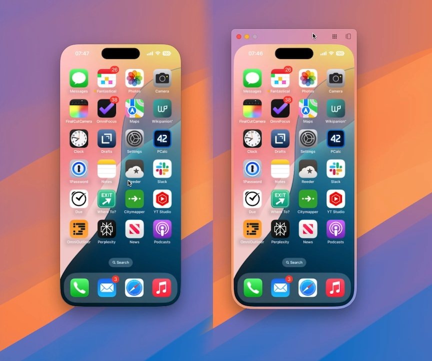 Слева: зеркалирование iPhone на macOS Sequoia. Справа: то же самое, но с границей в стиле Mac для перетаскивания