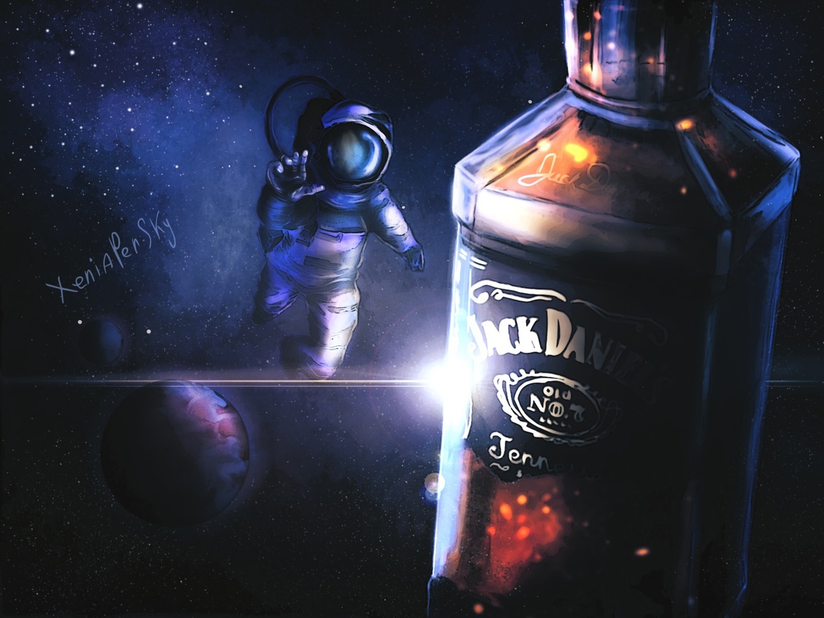 Нет, Jack Daniels мне не платит. А зря. На самом деле, когда я давным-давно рисовала эту иллюстрацию, то даже не удосужилась узнать, какой именно виски полетел на МКС. Да, стыдно.