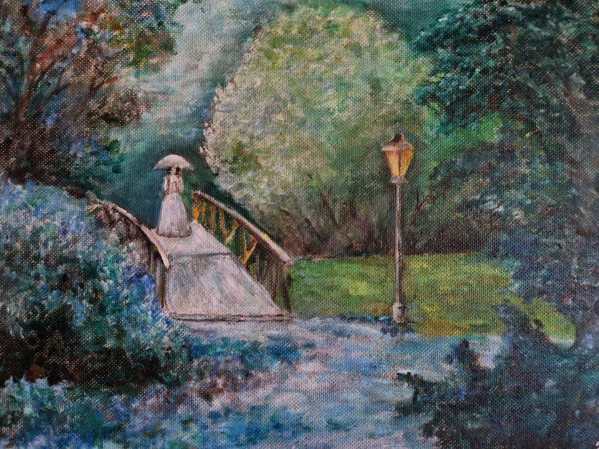 Годы шли, работы становились все лучше. В 2012 году мне подарили первые масляные краски. На холст денег не было, и Наталья Владимировна посоветовала загрунтовать обычный лист фанеры и использовать его в тех же целях. Так я почувствовала процесс совсем не так, как ощущала работу гуашью. 