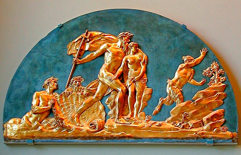 Огюстен Пажу. Природные стихии, вода: Нептун, защищающий Амимону. Рельеф дверного карниза из дворца маркиза д'Аржансона. 1761-1770, Лувр, Париж