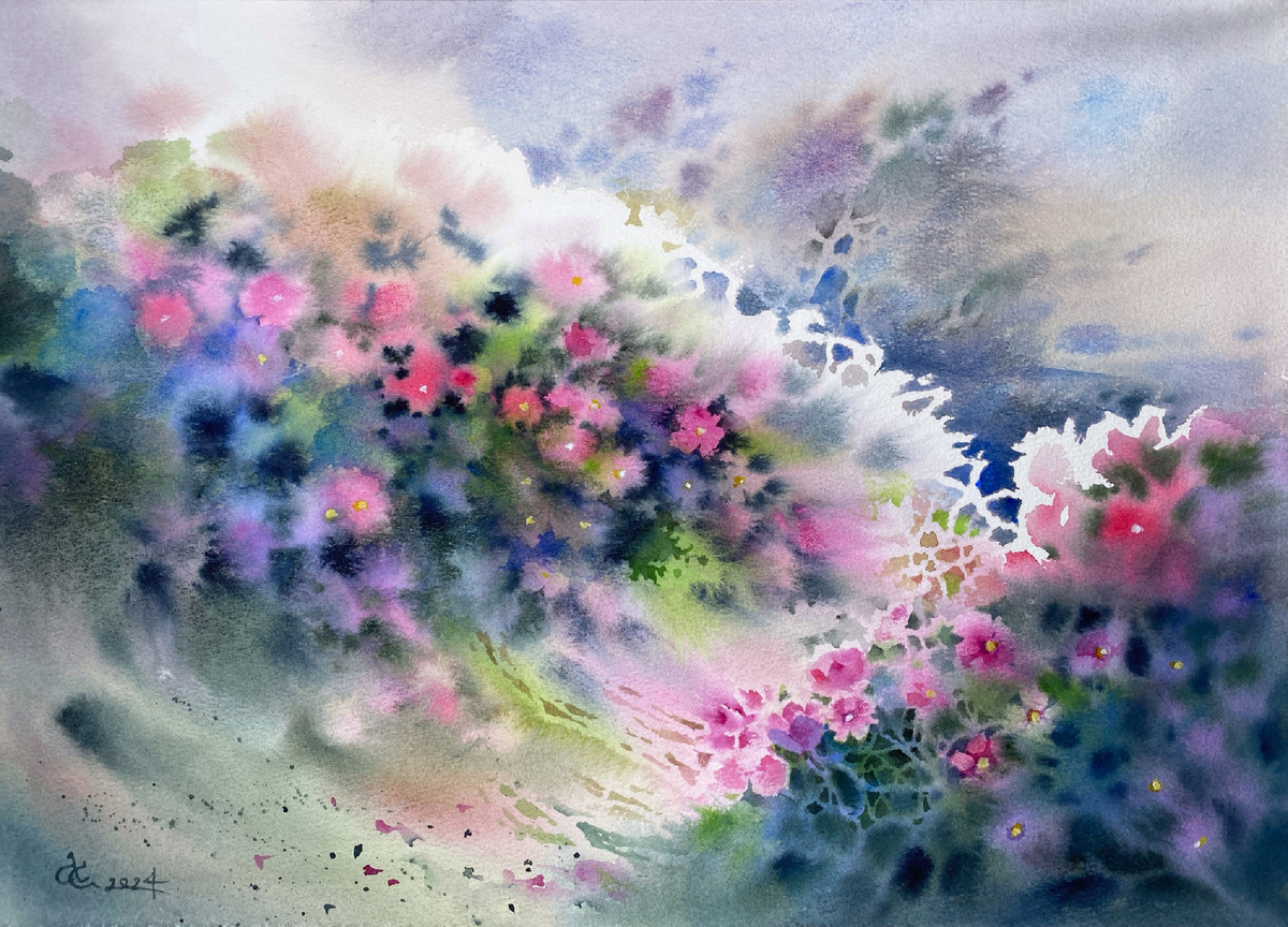 «Среди кустов шиповника». А3. Этюд с натуры.