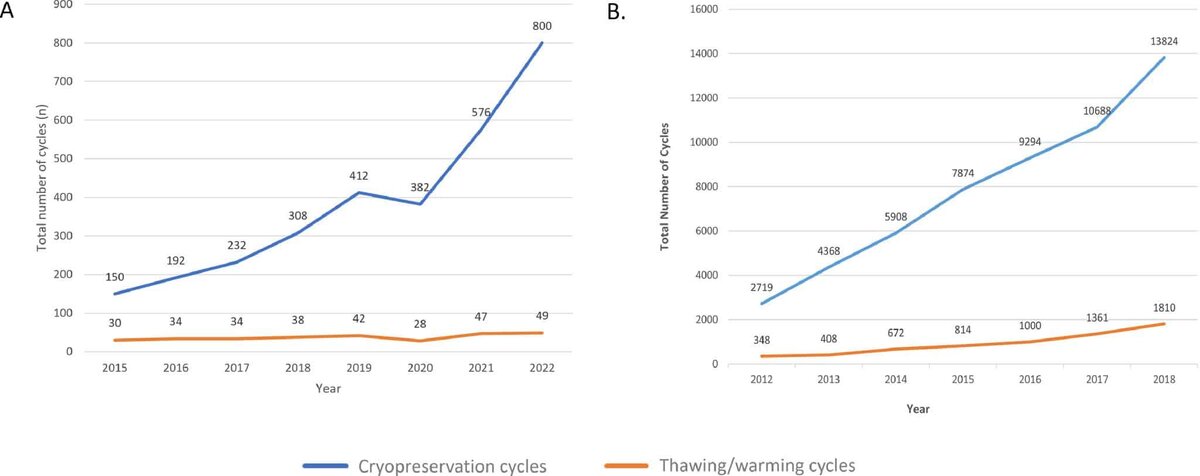    Число заморозок ооцитов и циклы разморозки — оттаивания в год. A) в Лондонской женской клинике за 2015-2022 годы; B) статистика Общества вспомогательных репродуктивных технологий США по данным 464 местных клиник за 2012-2018 годы / © Kawwass et al., 2021, Elsevier