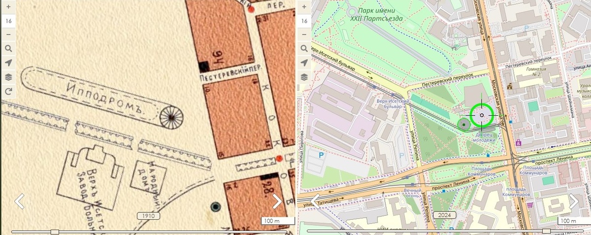 Расположение ипподрома на плане Екатеринбурга 1910 г. (слева). Справа - современная карта города. Дворец молодежи находится примерно на месте первого ипподрома. Источник; https://retromap.ru