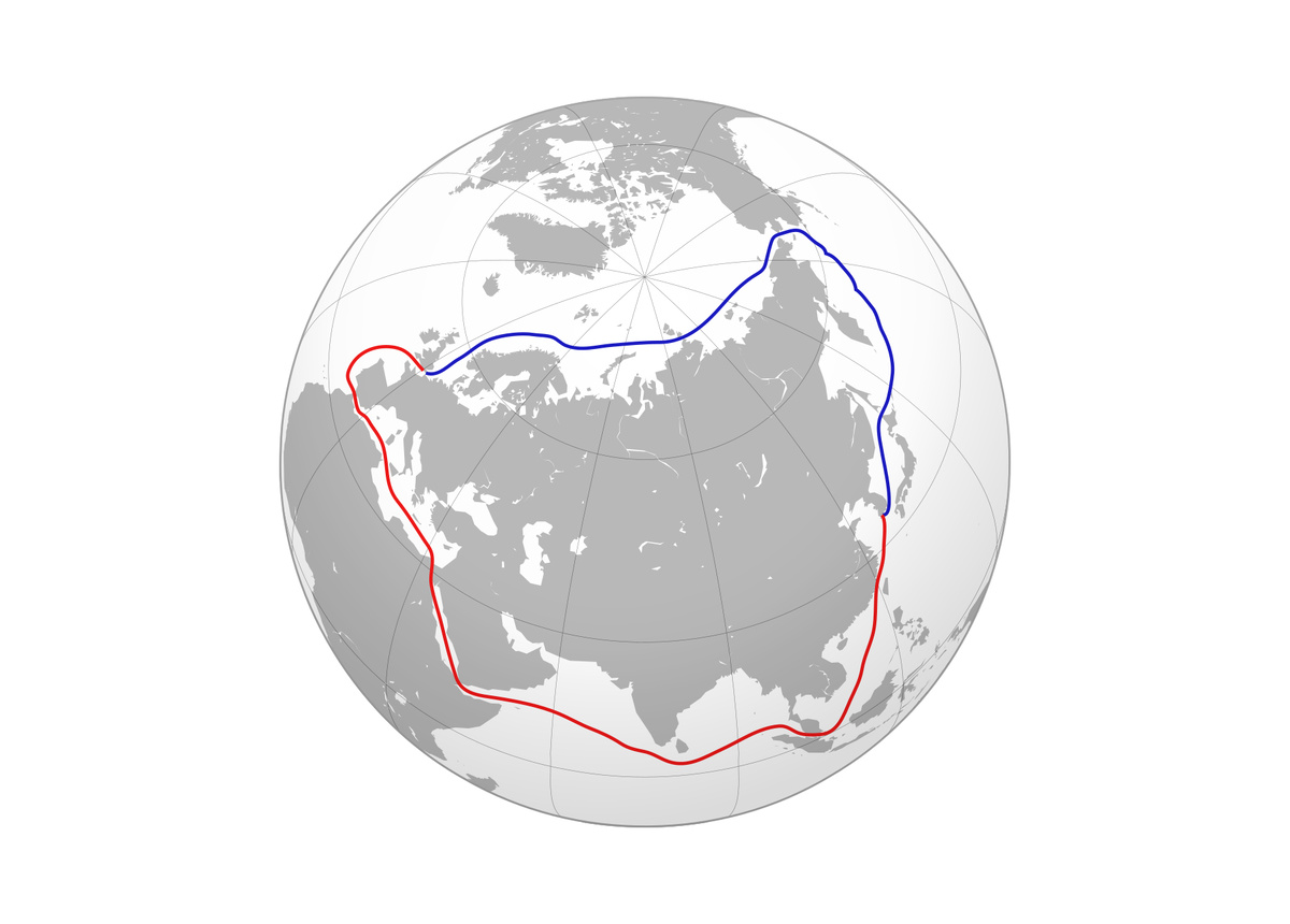 Путь транспортировки грузов с Дальнего Востока в Европу: Севморпуть - синий, Суэцкий канал — красный (источник: wikipedia.org) 