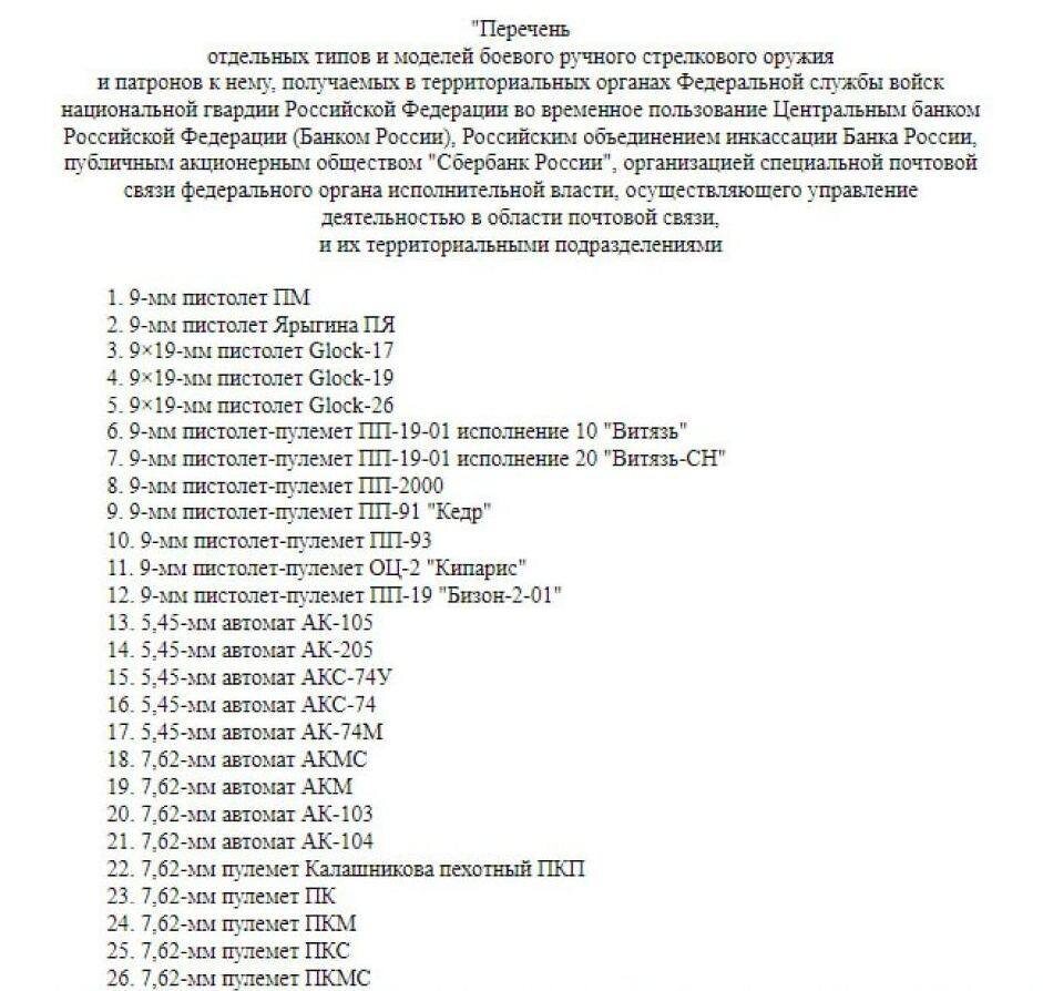 Проект перечня служебного оружия для сотрудников ЦБ