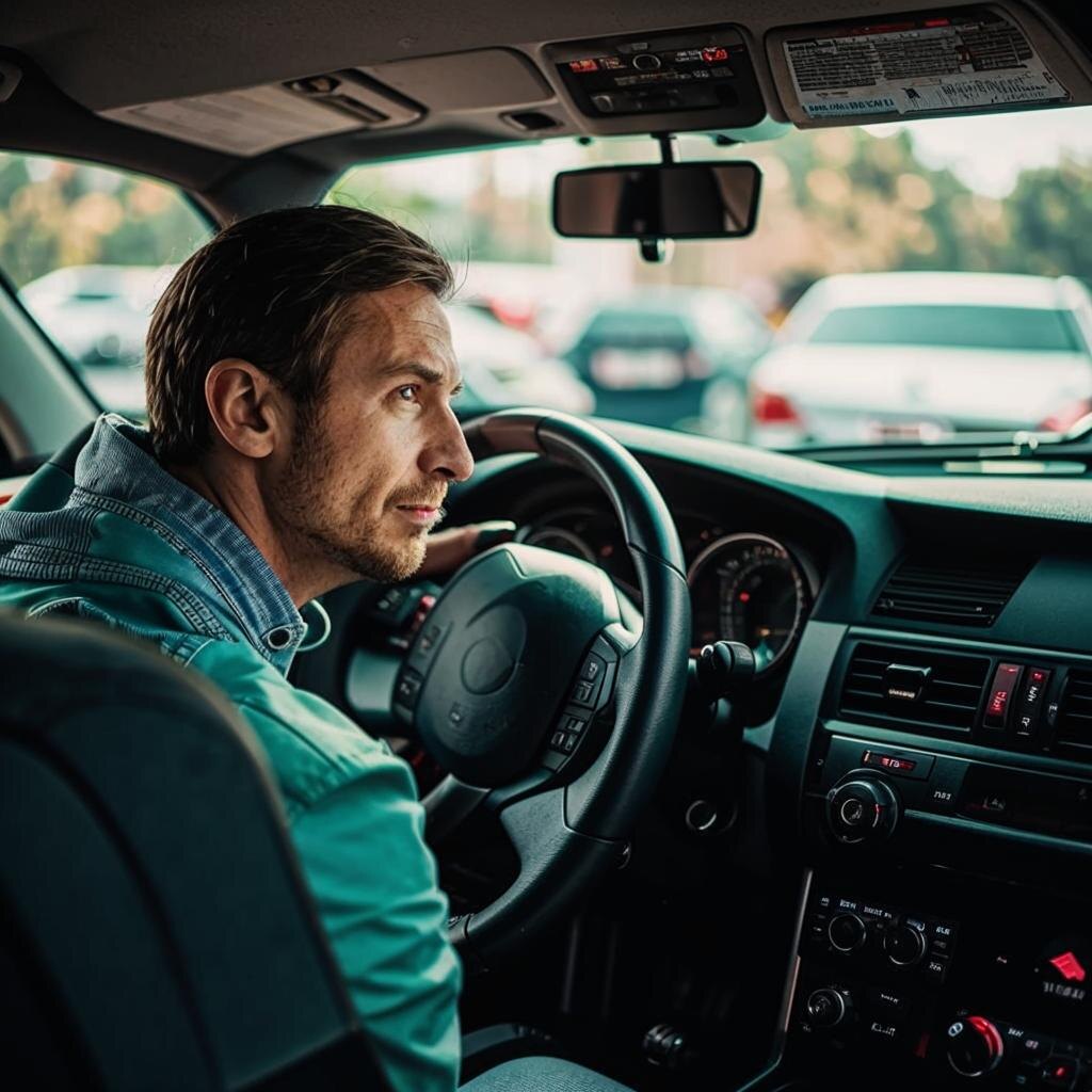 Водитель реагирует на ситуацию на дороге. Изображение сгенерировано нейросетью. 