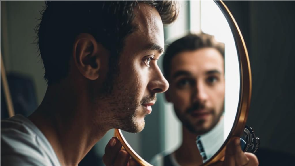 "Человек, смотрящий в зеркало, олицетворяет процесс самопознания и внутреннего анализа, что существенно влияет на его психологическое благополучие.