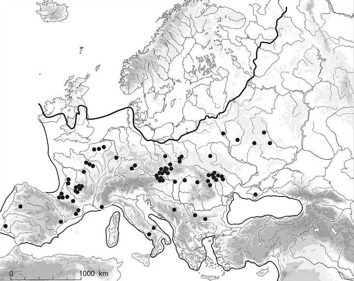 Карта, показывающая места культуры граветтийцев в Европе. Источник: Janusz K. Kozłowski (2015)