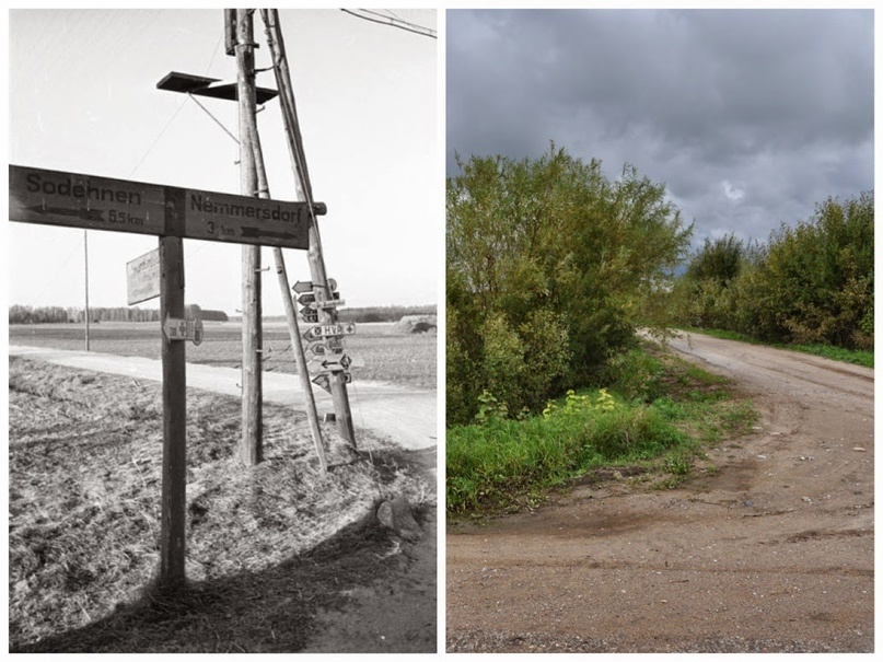 Перекрёсток на дороге из Соденена в Неммерсдорф (в октябре 1944 и сейчас).