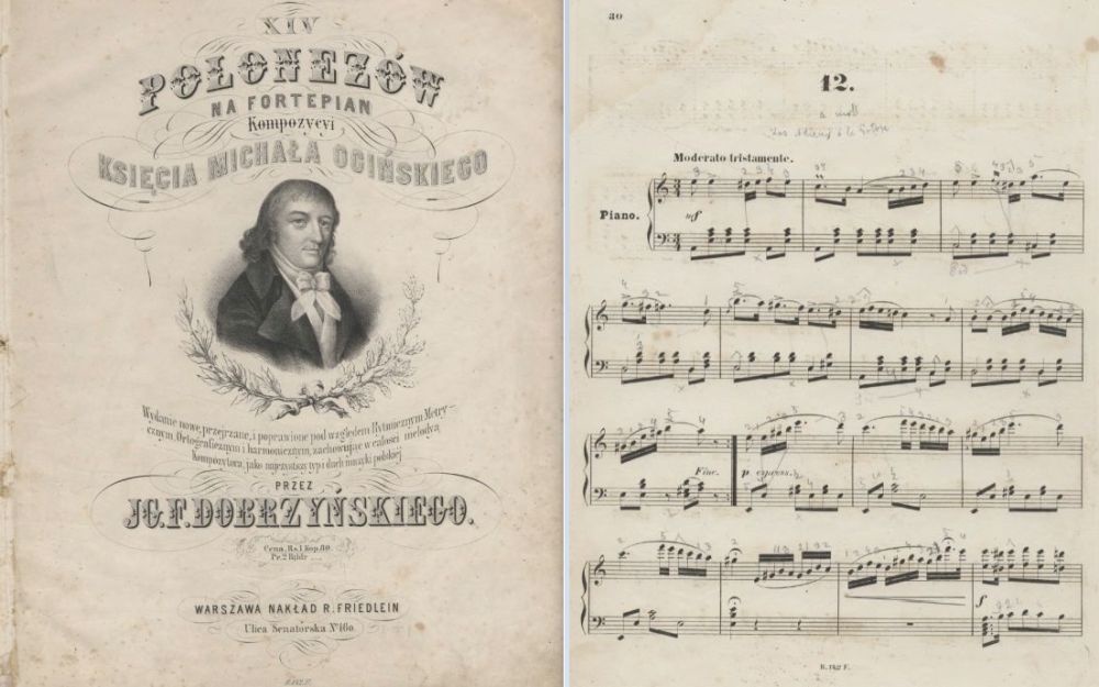    Обложка 14 полонезов М.К. Огинского публикации И. Добжинского и полонез ля минор N12, приписанный И. Добжинским Огинскому. Варшава, 1855-1856 гг.