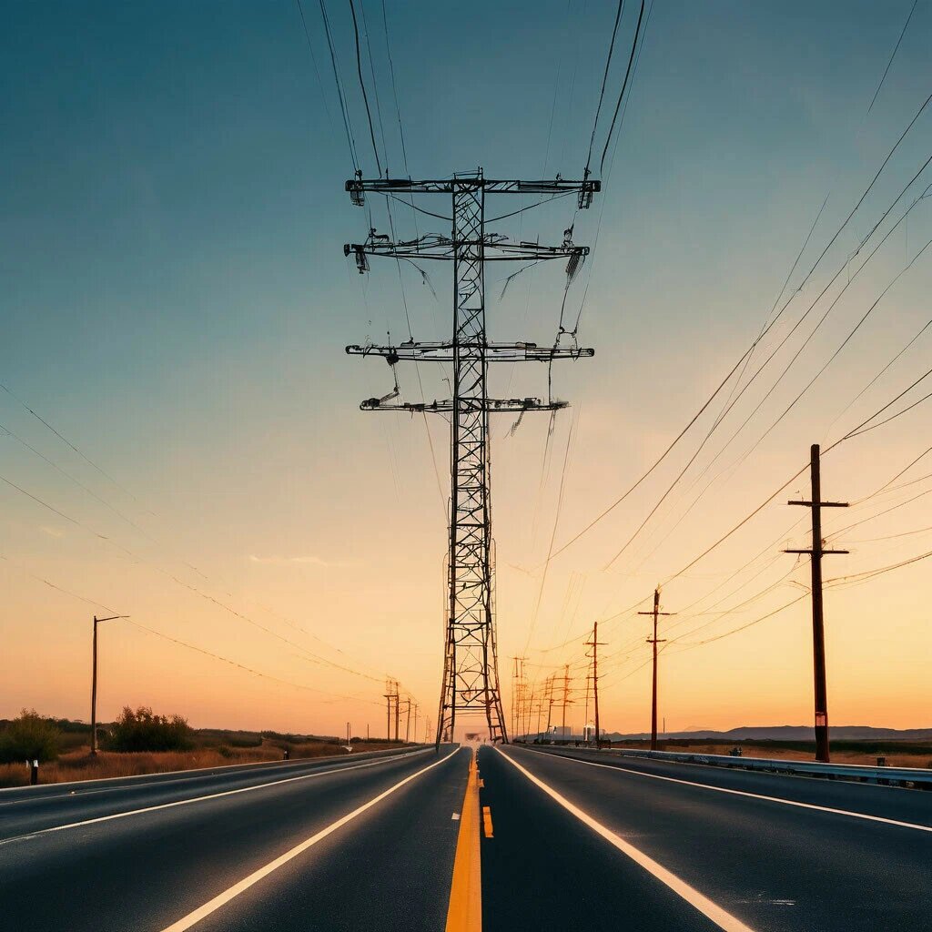 Линия ВЛ у дороги. Картинка создана нейросетью Яндекса- Шедевриум.
