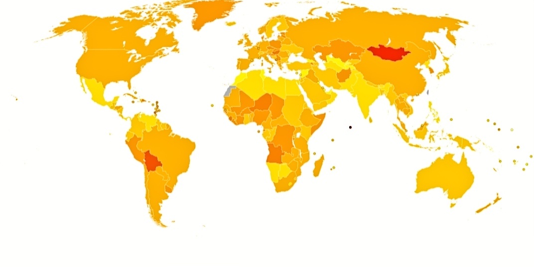 Карта соотношения болезни "рак" на количество жителей по странам