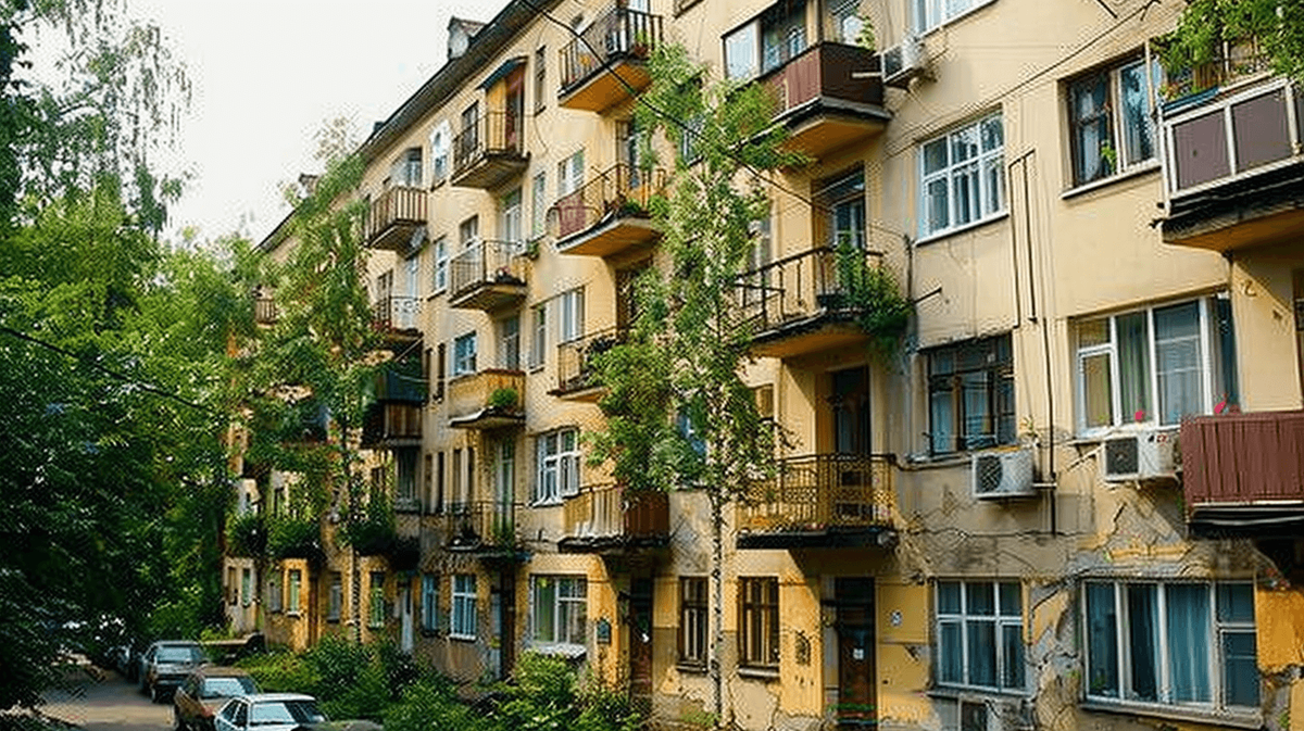 Пример хрущевки типа I-335. Изображение сгенерировано с помощью нейросети Midjourney