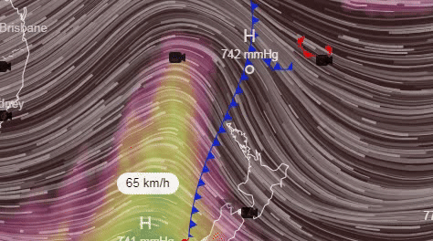 Струйное течение в районе Новой Зеландии на высоте 12000 метров