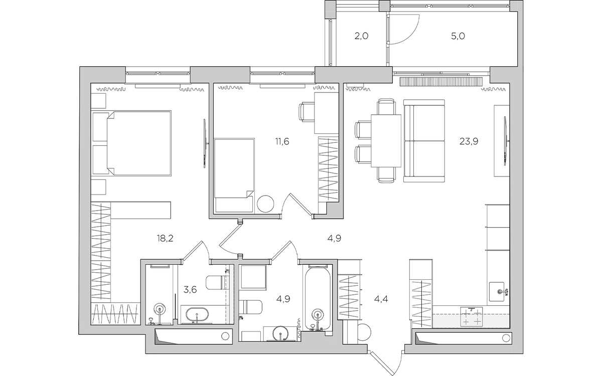 Перепланировка двухкомнатной квартиры 79 м²