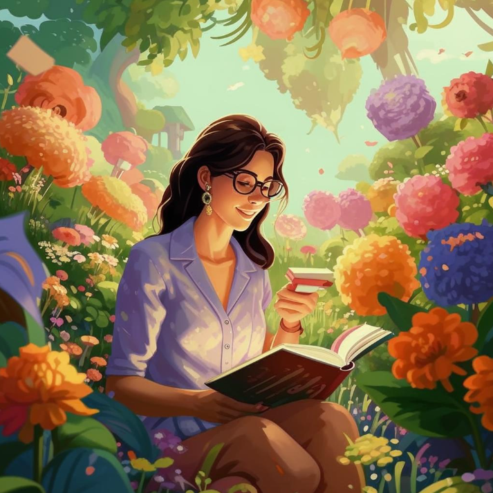 Учитель летом читает в саду с красивыми цветами