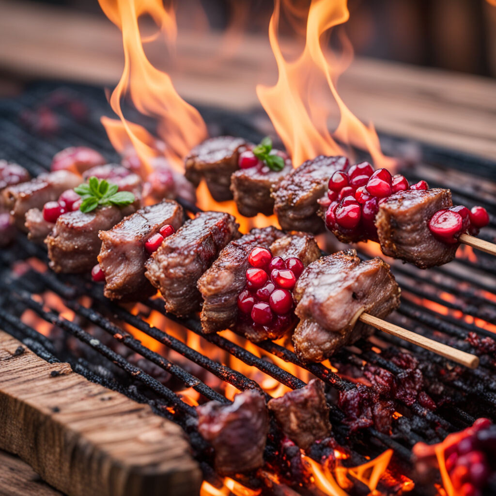 Ингредиенты:- Баранина (нога или корейка) – 1 кг- Гранатовый сок – 200 мл- Лук – 3-4 шт.- Зира – 1 ч. ложка- Кориандр молотый – 1 ч. ложка- Соль, перец – по вкусуПриготовление:1. Нарежьте баранину на куски среднего размера.2. Лук нарежьте полукольцами.3. Смешайте лук, гранатовый сок, зиру, кориандр, соль и перец.4. Замаринуйте мясо в полученной смеси на 6-8 часов.5. Нанизывайте баранину на шампуры и жарьте на углях до готовности, периодически переворачивая.История:Баранина с гранатовым соком – это яркий представитель кавказской кухни. Считается, что в Кавказских горах в древности люди мариновали мясо в гранатовом соке для придания ему особой мягкости и аромата. Гранат был символом плодородия и процветания. Интересный факт: в некоторых кавказских семьях до сих пор существует традиция готовить этот шашлык на семейные праздники, и каждый член семьи имеет свой секретный ингредиент для маринада. 