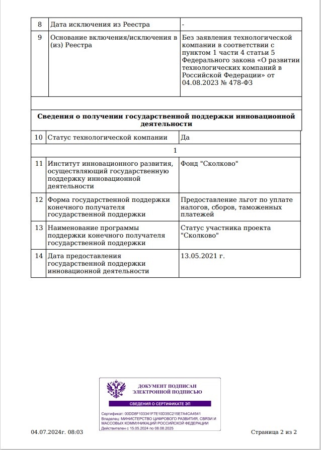 Выписка из Реестра МТК Минэкономразвития РФ

