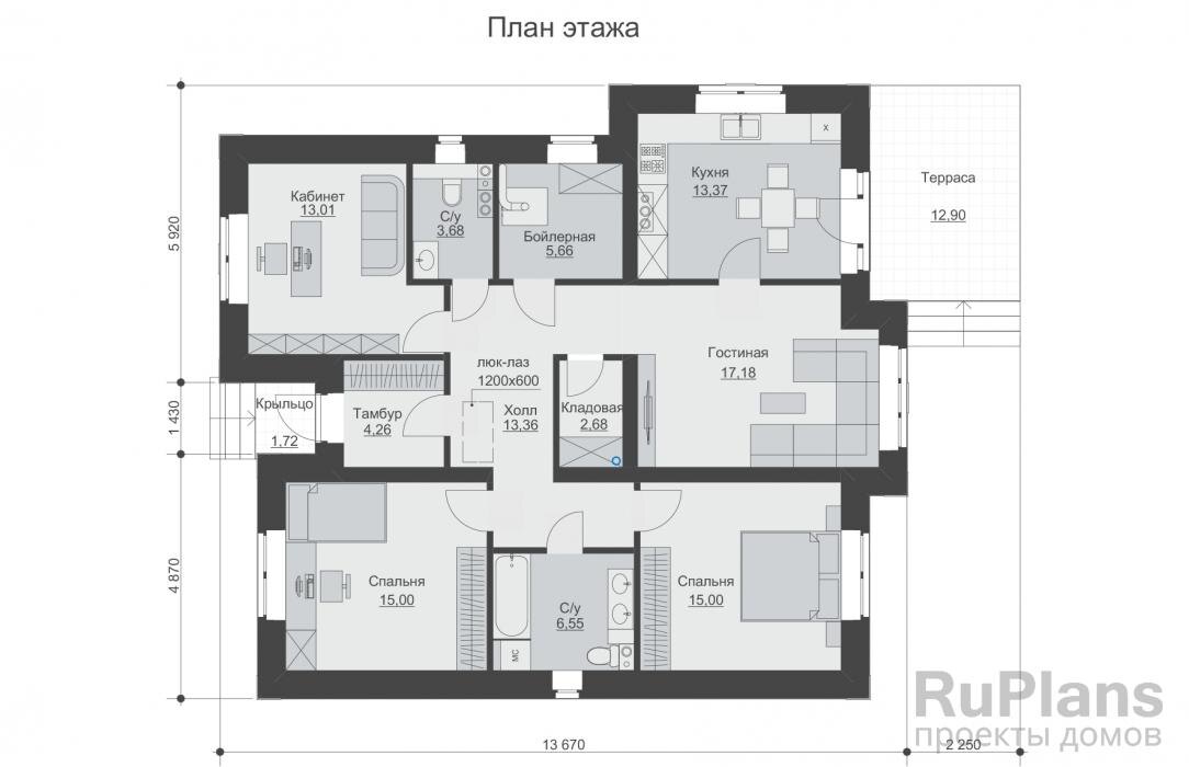 Тамбур - 4,26 м2 Кабинет - 13,01 м2 C/у - 3,68 м2 Бойлерная - 5,66 м2 Кухня - 13,37 м2 Гостиная - 17,18 м2 Кладовая - 2,68 м2 Холл - 13,36 м2 Спальня - 15,00 м2 С/у - 6,55 м2 Спальня - 15,00 м2