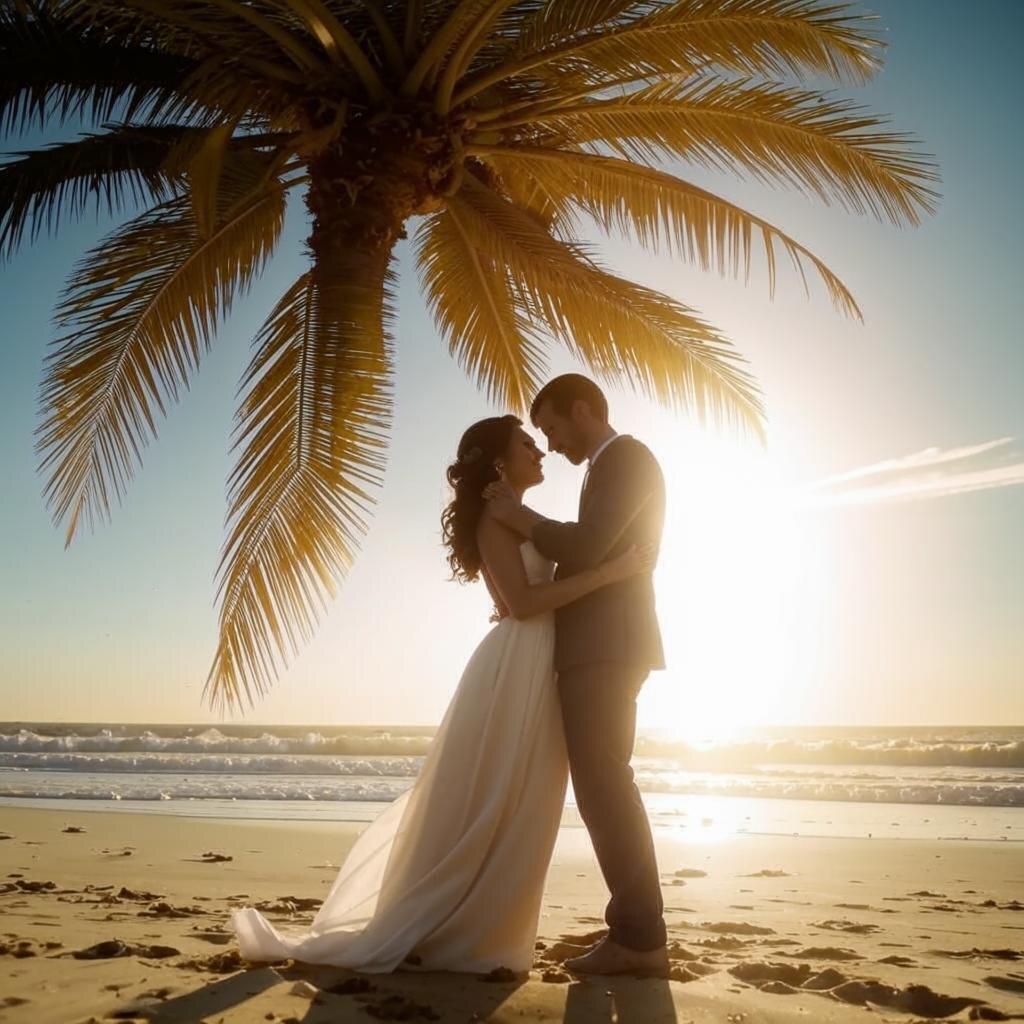 Счастливая пара на берегу океана