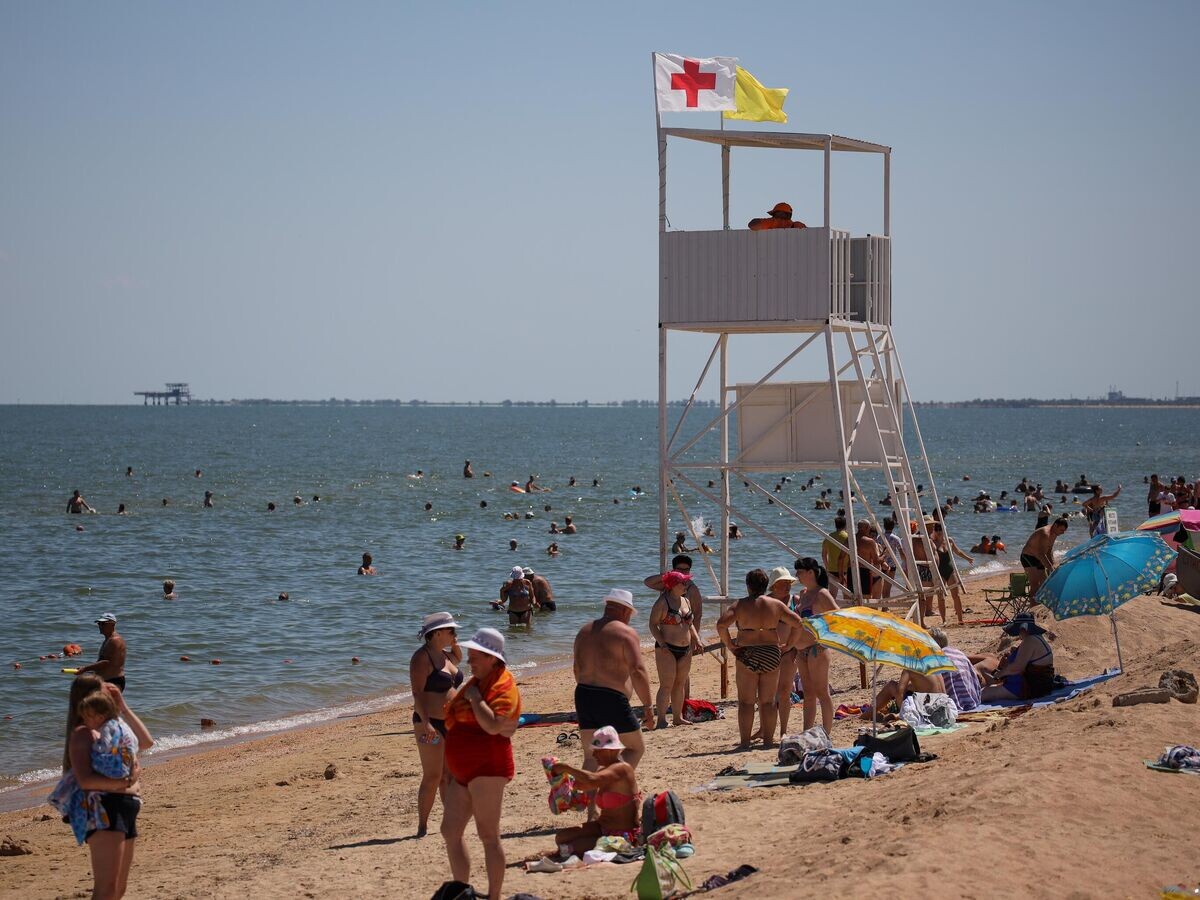    Отдыхающие на пляже в станице Голубицкой в поселке в Краснодарском крае© РИА Новости / Виталий Тимкив