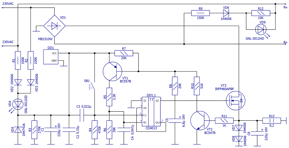 Схема электрическая принципиальная электронного аналога автоматического выключателя с управлением одной кнопкой