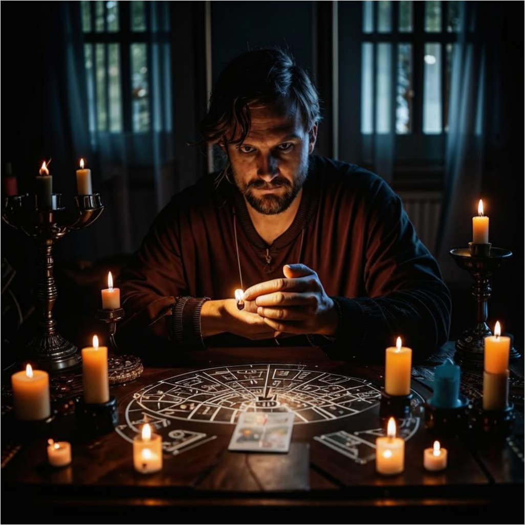 Человек, сидящий в темной комнате перед столом, на котором горит белая свеча. 