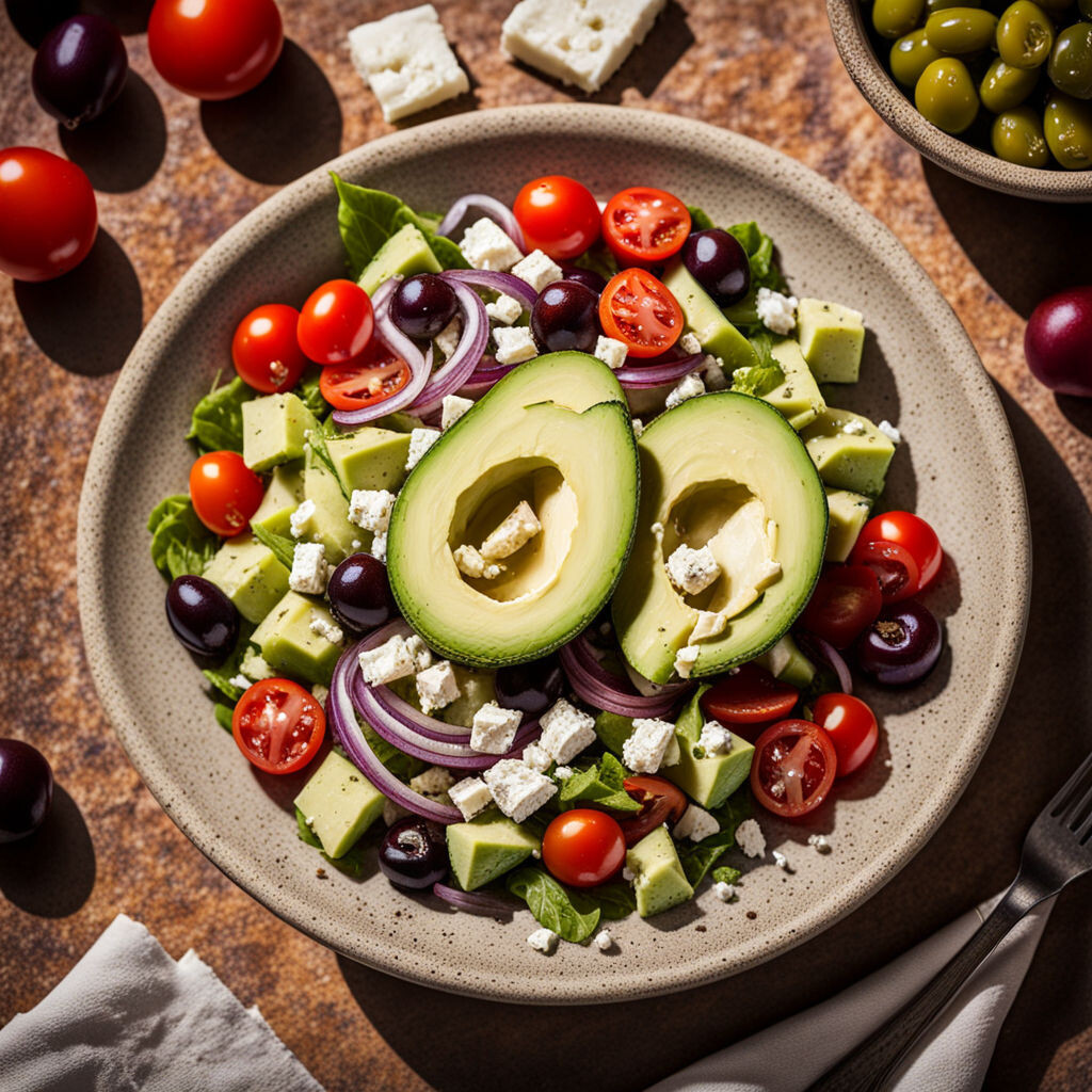 Ингредиенты:- Помидоры черри — 200 г- Огурцы — 2 шт.- Красный лук — 1 шт.- Болгарский перец — 1 шт.- Авокадо — 1 шт.- Маслины без косточек — 100 г- Фета — 200 г- Оливковое масло — 3 ст. л.- Сок лимона — 1 ст. л.- Орегано — 1 ч. л.- Соль и перец по вкусуПриготовление:1. Помидоры черри разрежьте пополам.2. Огурцы нарежьте полукольцами.3. Лук нарежьте тонкими кольцами.4. Перец очистите от семян и нарежьте полосками.5. Авокадо разрежьте пополам, удалите косточку, нарежьте мякоть кубиками.6. Выложите все овощи в салатницу, добавьте маслины.7. Фету нарежьте кубиками и выложите сверху.8. Посыпьте салат орегано, полейте оливковым маслом и лимонным соком.9. Приправьте солью и перцем по вкусу. Аккуратно перемешайте и подавайте к столу.История блюда:Греческий салат с авокадо — это современная интерпретация классического рецепта. Авокадо не является традиционным ингредиентом греческой кухни, но его кремовая текстура и полезные жиры прекрасно сочетаются с остальными компонентами салата. Этот вариант салата был создан для тех, кто ищет новые вкусовые ощущения, сохраняя при этом дух оригинального блюда.