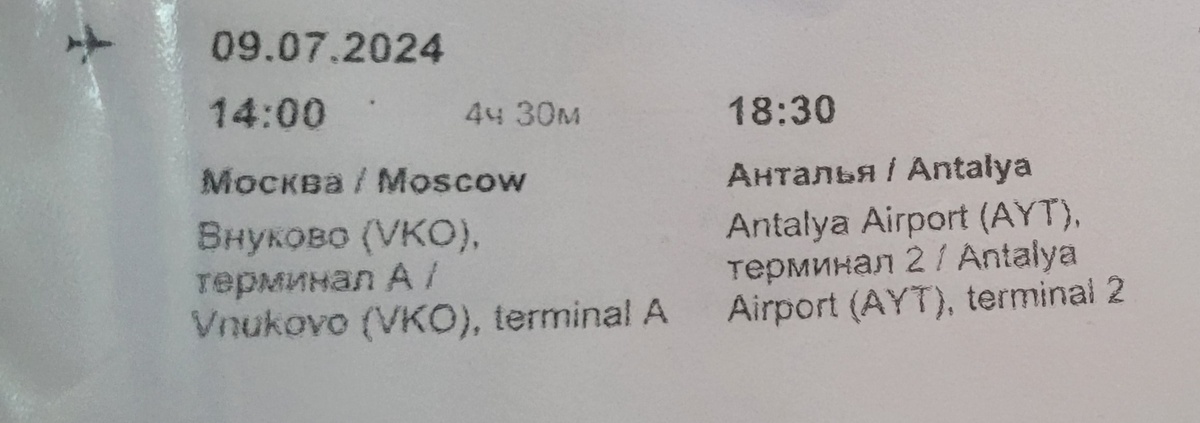 Вылет из Внуково в 14:00, прилёт в Турцию в 18.30