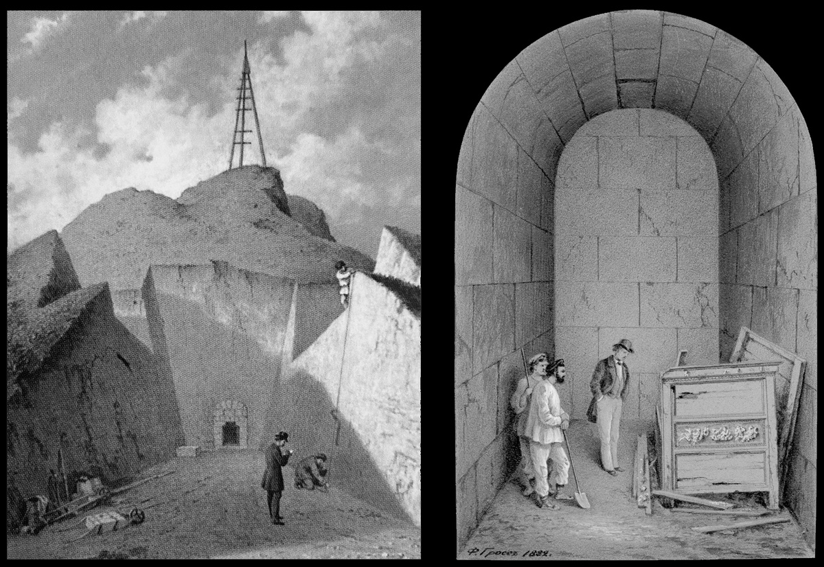 Раскопки Витязевского кургана В.Г. Тизенгаузеном в 1882 г. Рисунки Ф.И. Гросса, 1882 г.