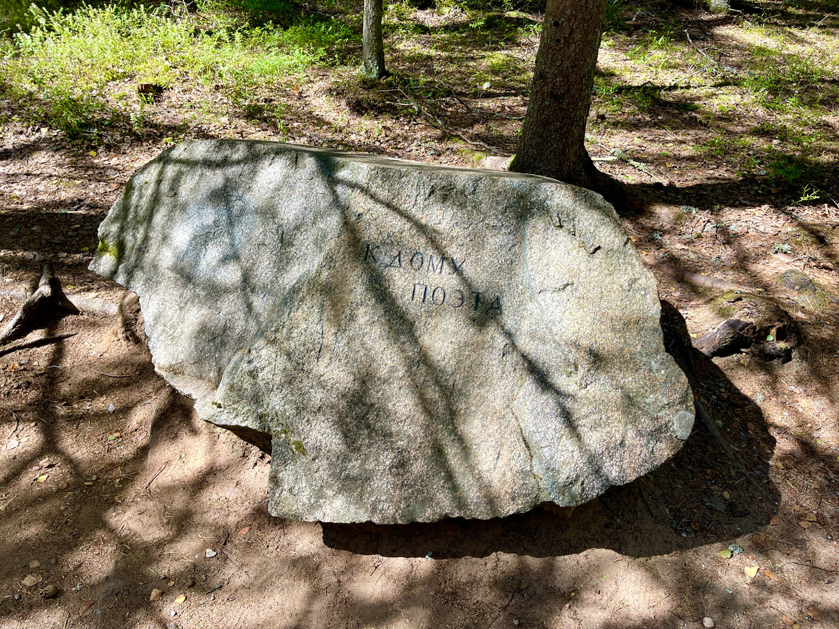Своеобразный указатель, но заблудиться сложно. Также на других камнях в Михайловском можно встретить строки из произведений поэта. Фото автора