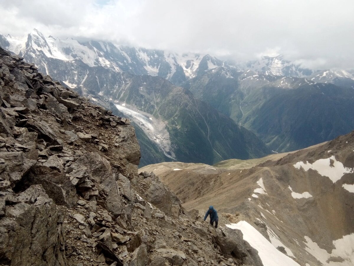 Подъём на Курмычи по гребню с перевала ВЦСПС в июле 2022. Фото автора. 