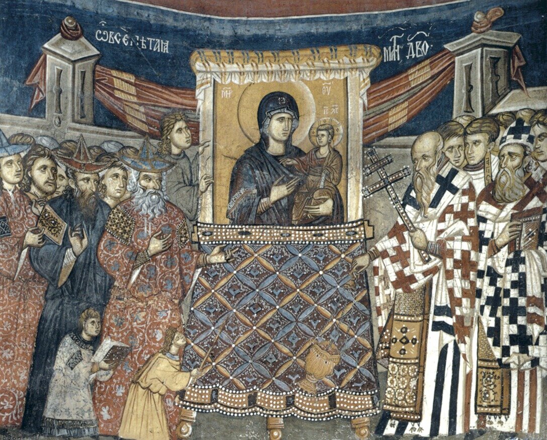 «Поклонение иконе Одигитрии. Акафист Богородице. 24-я строфа». 14в. Фреска храма Великомученика Димитрия Маркова монастыря в Македонии