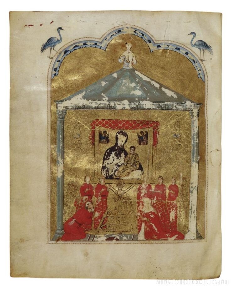 Моление перед иконой Божией Матери «Одигитрия». 14в. Миниатюра из Псалтири Гамильтона.