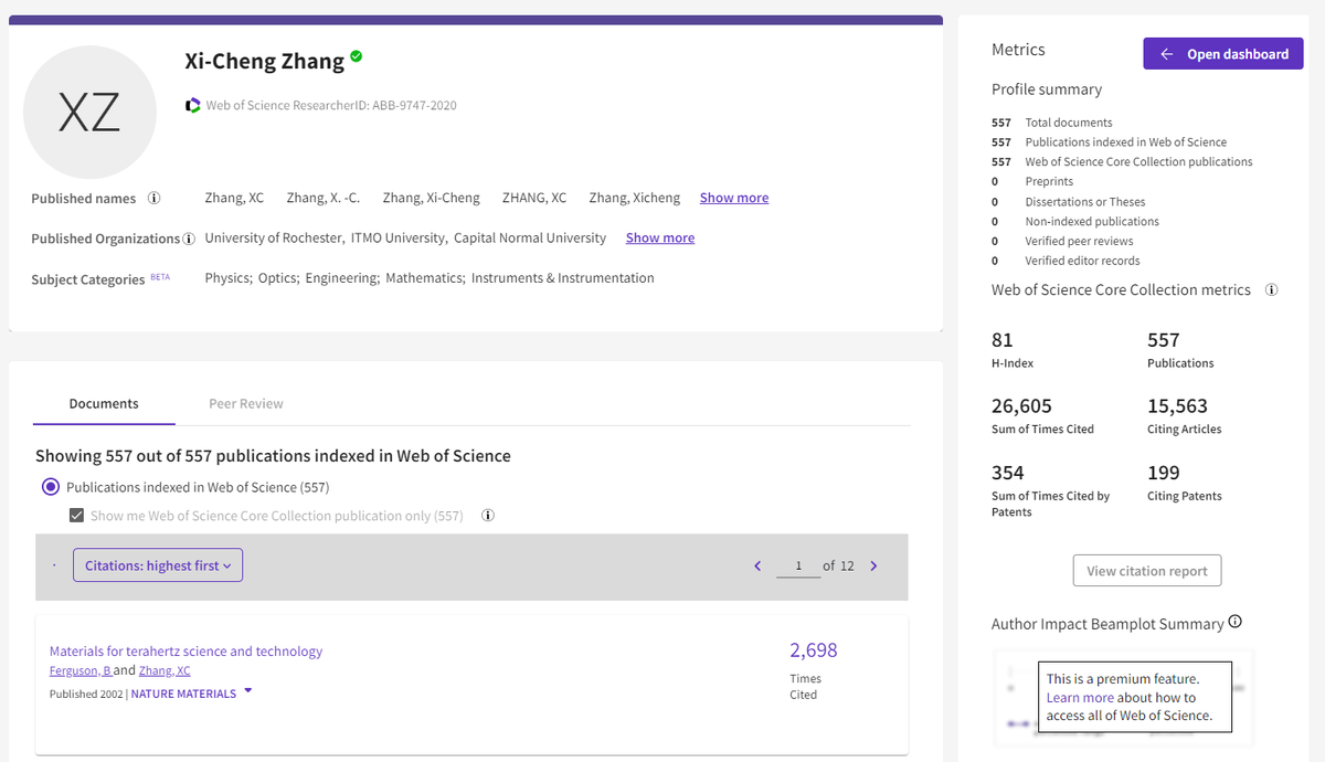 Пример страницы автора с платформы Web of Science