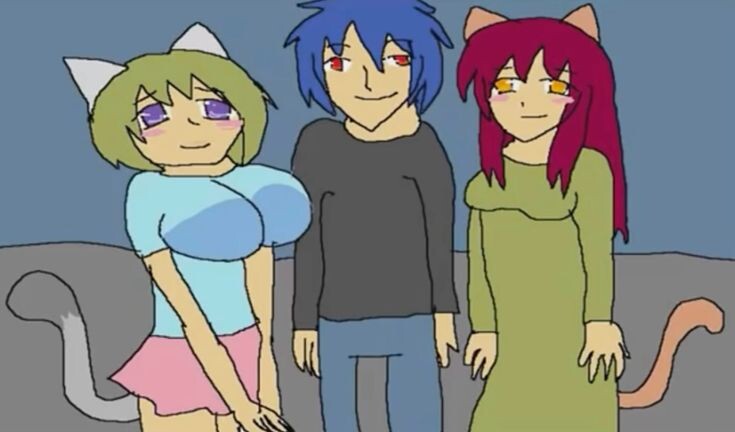 Слева направо: Раку-чан, Хитоши-сан, Конеко-чан. Да, тут рисовка просто отменная